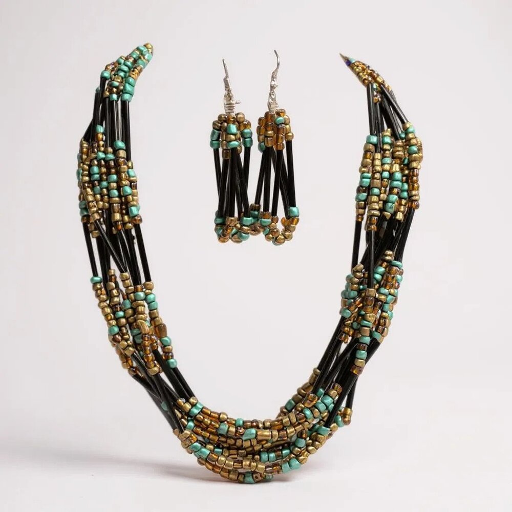Multi strand  Blue And Brown Glass Bead Black long Bead Necklace earring set